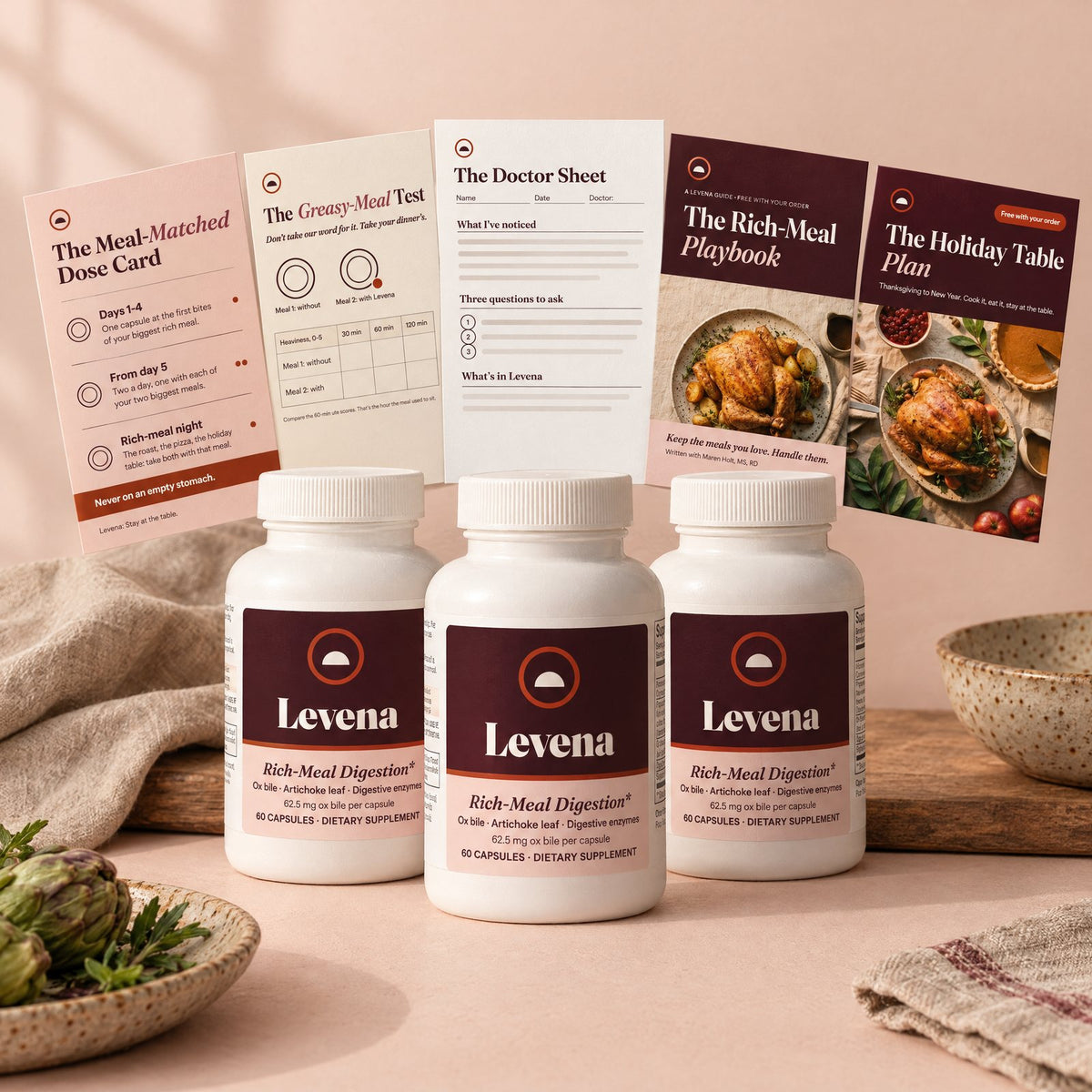 Three bottles of Levena with five gift guides