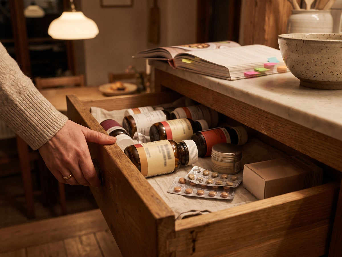 A kitchen drawer crowded with half-used supplement bottles