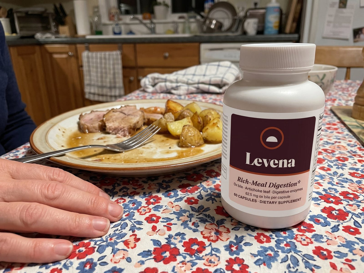 Patty’s dinner plate with roast pork, the Levena bottle beside it