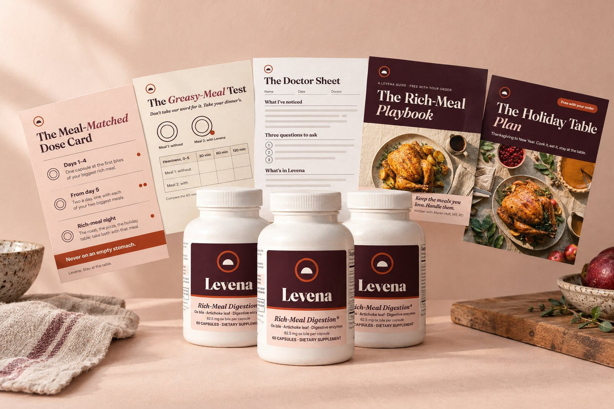 Three bottles of Levena with five gift guides