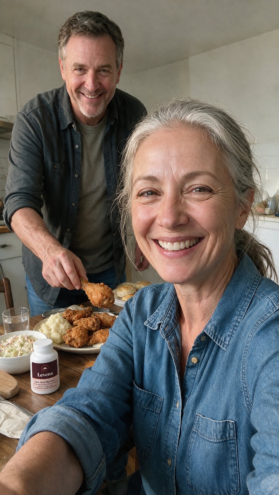 Gwen, 58, at a picnic table with fried chicken