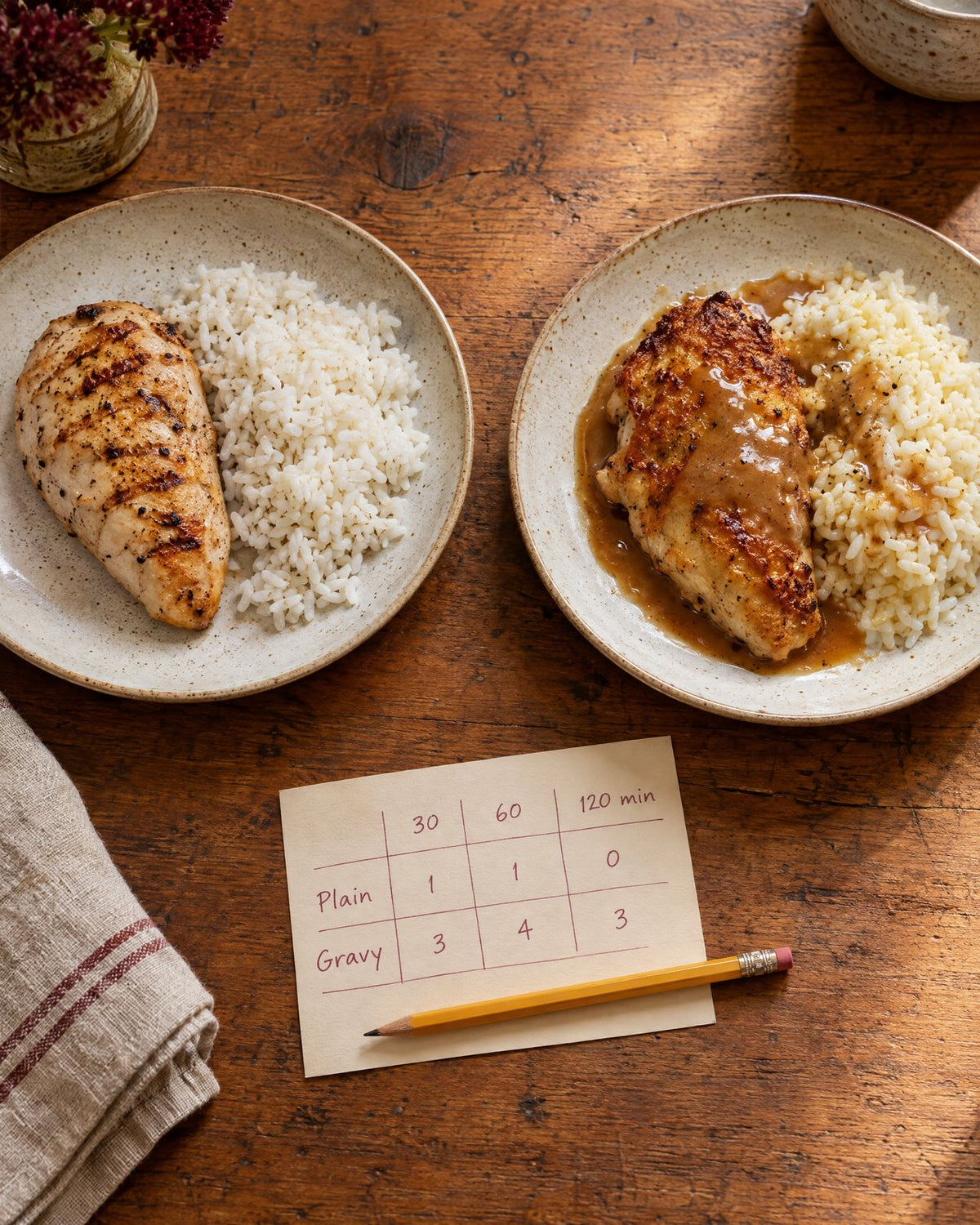 The Greasy-Meal Test: a plain plate of chicken and rice next to the same meal with crispy skin and gravy