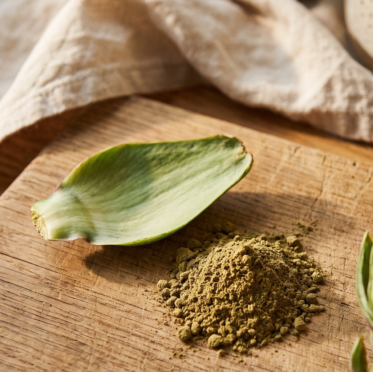 A fresh artichoke leaf beside artichoke extract powder