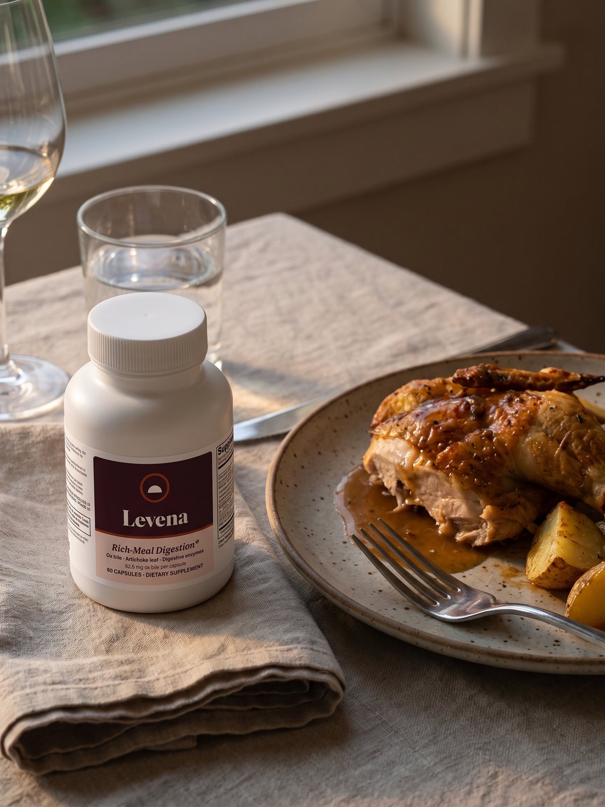 A bottle of Levena on a kitchen counter