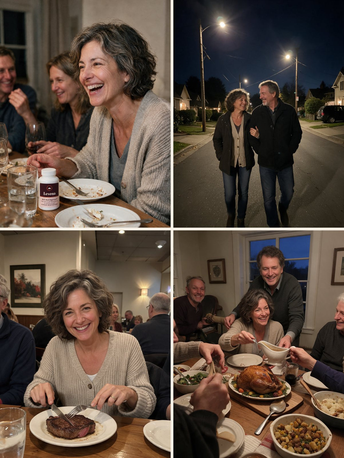 A woman enjoying her evenings again: at the table, walking after dinner, cooking