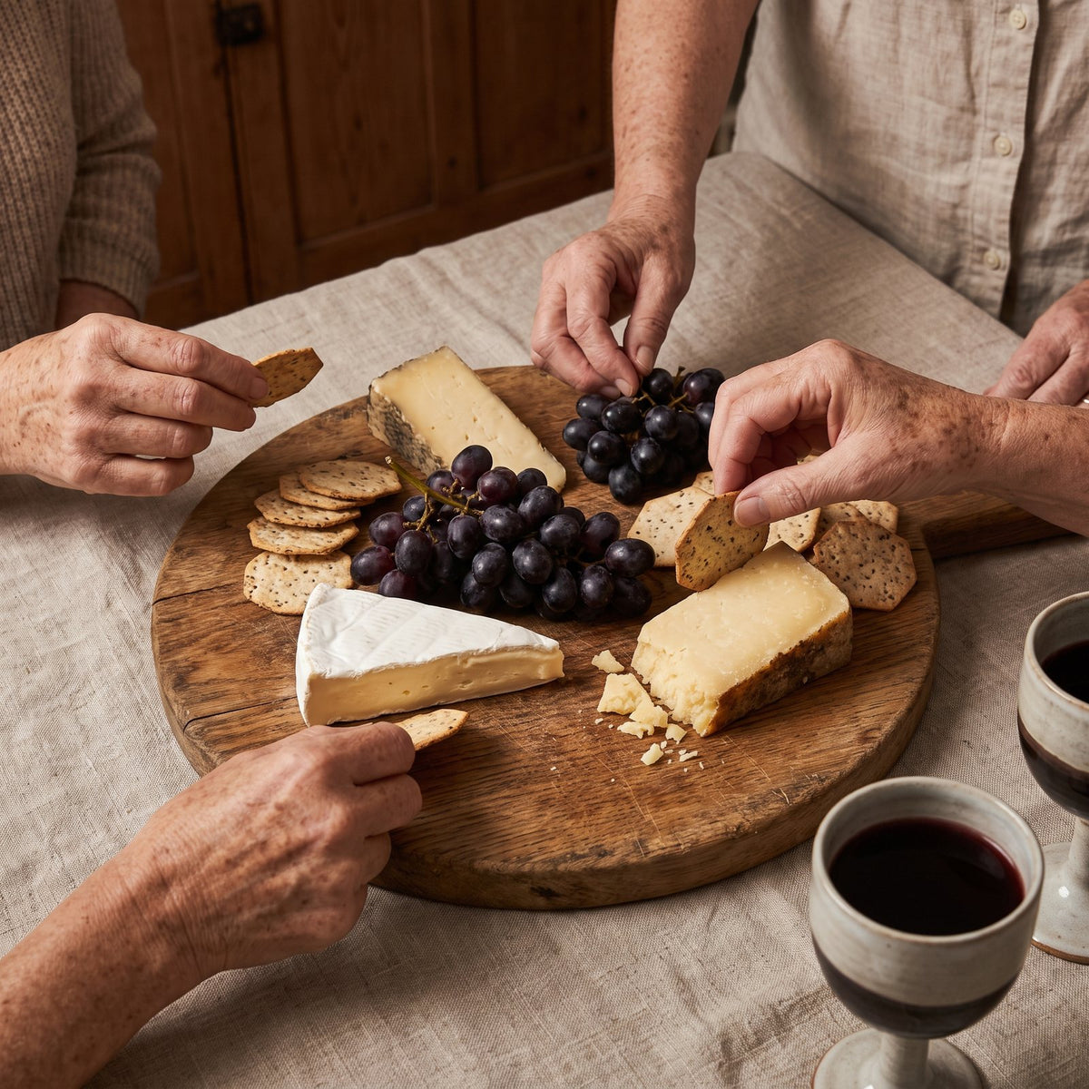A cheese board with brie, cheddar and grapes