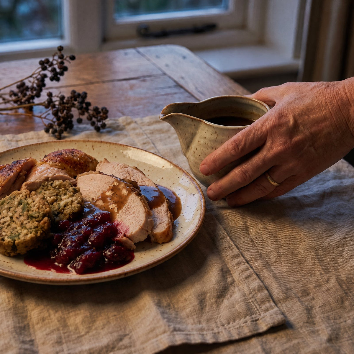 A holiday plate of turkey, stuffing and gravy